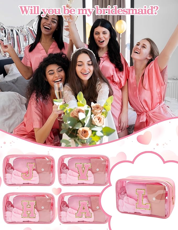 Gift Sets for Women, Initial Makeup Bag with Makeup Brush Set Bachelorette Party Favors, Pink Spa Kit with Skincare Headbands Wrist Bands Sleepover Party Supplies Gifts for Teen Girls Bridesmaid L