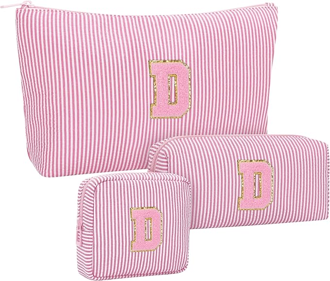 MONSTINA Monogram Cosmetic Bag,Initial Makeup Bag|Personalized Gifts for Women Friends|Cute Toiletry Make Up Traveling Stuff Organizer 3PCS Pink D