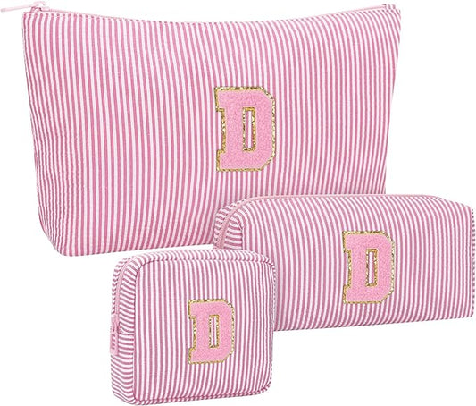 MONSTINA Monogram Cosmetic Bag,Initial Makeup Bag|Personalized Gifts for Women Friends|Cute Toiletry Make Up Traveling Stuff Organizer 3PCS Pink D