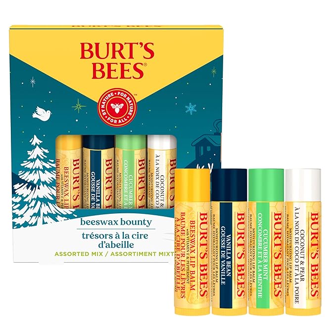 Burt's Bees Christmas Gifts, 4 Lip Balm Stocking Stuffers Products, Assorted Mix Set - Classic Beeswax, Vanilla, Cucumber Mint & Coconut and Pear (4-Pack)