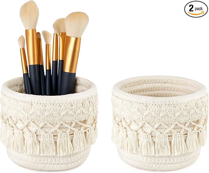 Mkono Macrame Makeup Brush Holder Organizer Comb Brushes Mini Storage Basket Set of 2 Boho Decor Baskets for Pen Pencil Box Container ,Ivory