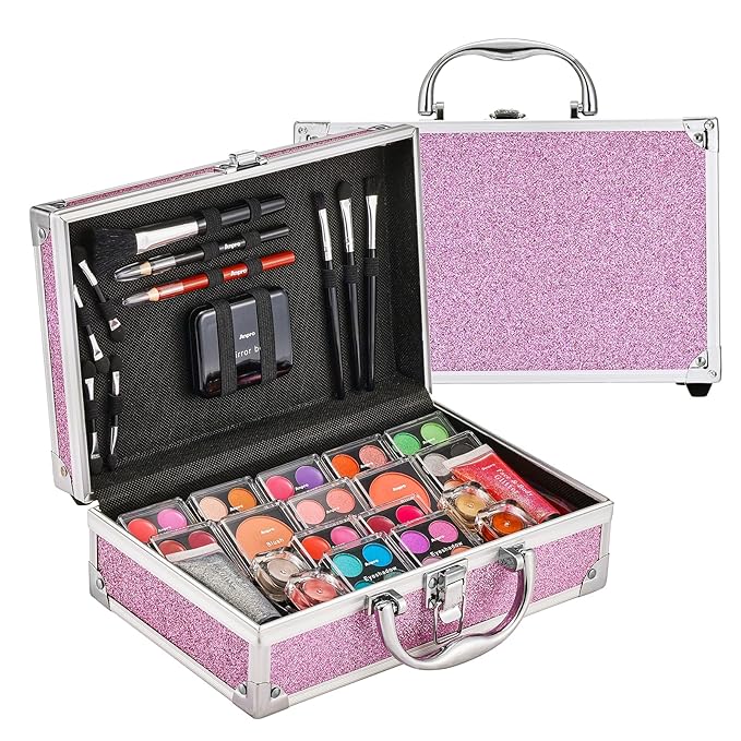 Anpro All-In-One Makeup Carry Case with Pro Teen Makeup Set, Full Starter Cosmetics Kit with Makeup Brushes, Lipsticks, Eye Shadows Palette, Blushes, Glitter Gel-Purple