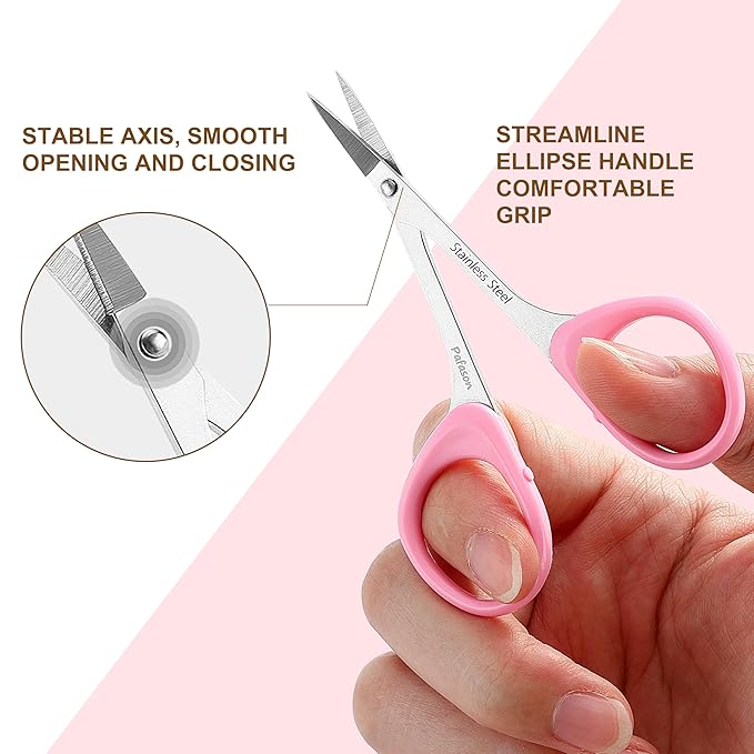 PAFASON High Precision Eyebrow Grooming Scissor Set, Beauty Makeup Cosmetic Tool, Curved, Straight Tip, Stainless Steel, Safety Case for Trimming Eyelash Extensions