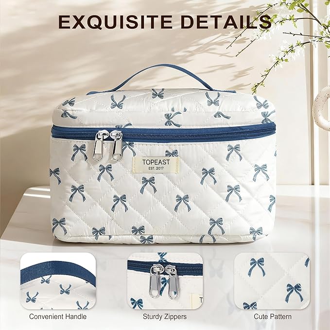 TOPEAST Travel Makeup for Women Girl, 3Pcs Large Cute Quilted Make up Bag Organizer for Purse, Portable Big Cosmetic Brush Pouch with Zipper Compartment, Blue Bow