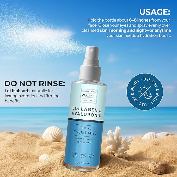 Hyaluronic Acid & Collagen Face Mist - Dermatologist Tested, Moisturizes & Tones Skin, Anti-Aging, Natural Ingredients, Cruelty-Free, 95% Natural - All Skin Types - 4 OZ