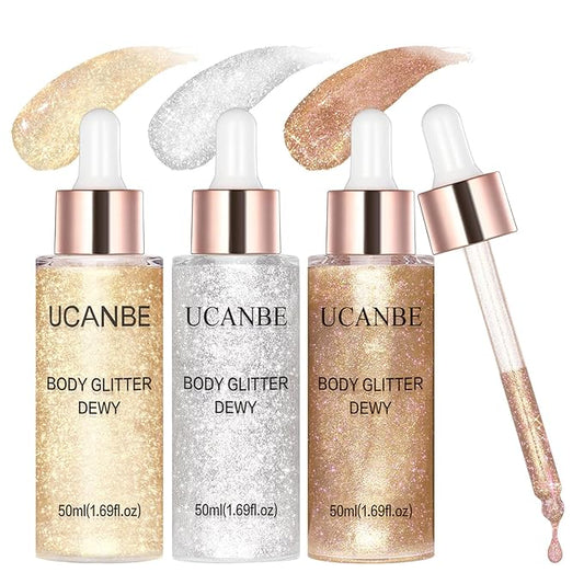 Liquid Glitter Highlighter Glow Drops Set of 3 – Face Highlighter & Body Shimmer Makeup, Festival Rave Glitter, Illuminating Radiant Glow (3pcs)