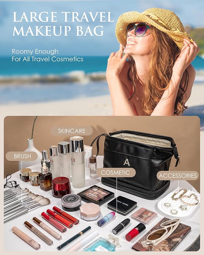 Gift Ideas for Woman Initial Large Makeup Bag, Personalized Birthday Gifts Cosmetic Bag with Makeup Brush Organizer, Waterproof, Large Capacity Travel Toiletry Bag for Women Makeup pouch