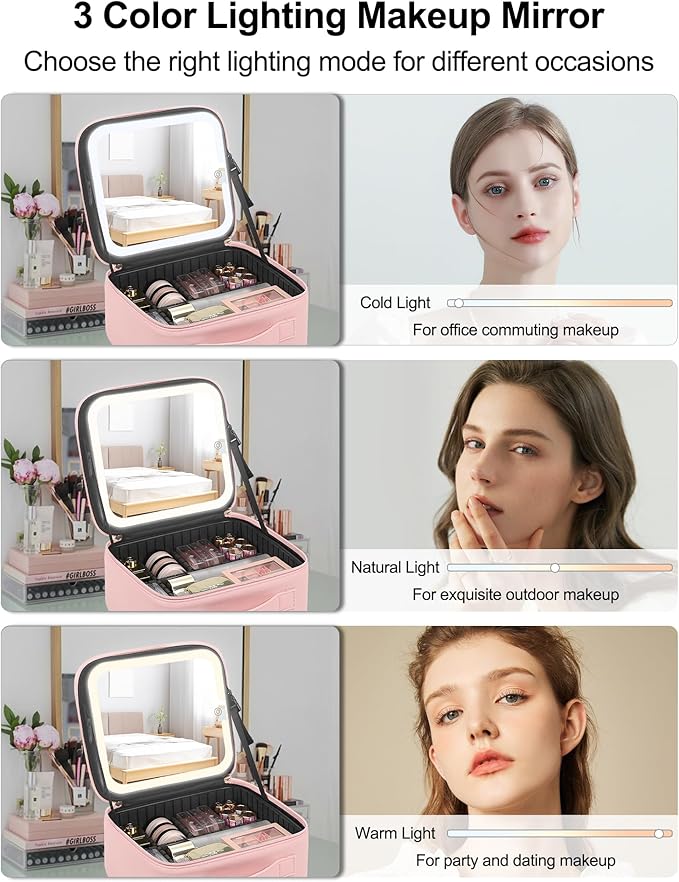 Chomeiu Makeup Bag with LED Mirror, Cute Cosmetic Bags Birthday Gifts for Girls Women, Makeup Train Case Artists Organizer Large Make Up Bags with Light Up Mirror 3 Color Lights, Pink