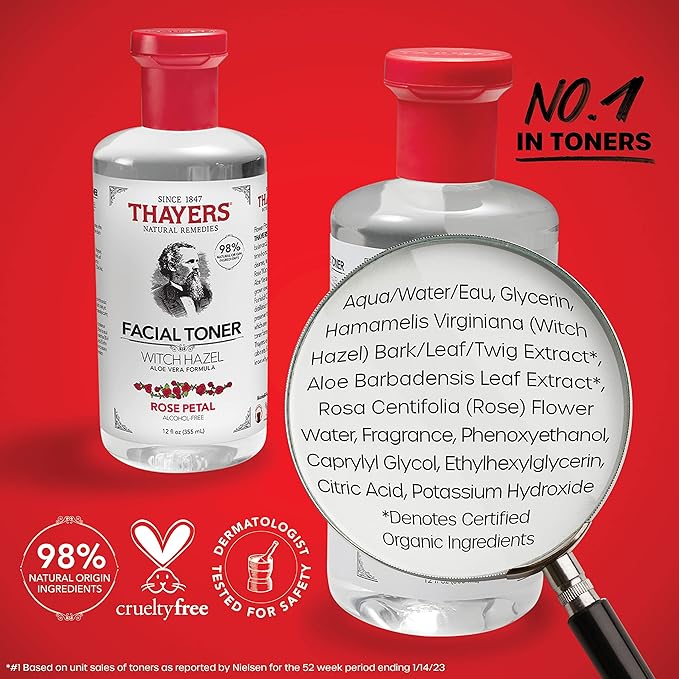THAYERS Alcohol-Free, Hydrating Rose Petal Witch Hazel Facial Toner with Aloe Vera Formula, Vegan, Dermatologist Tested and Recommended, 12 Oz (Pack of 2)