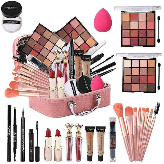 All in One Makeup Kit for Teen Girls - 2X16 Colors Eyeshadow, Liquid Foundation, Eyeliner Pencils, Contouring Stick, Lip Gloss, Eyebrow Pencils & 8pcs Makeup Brushes (Pink)
