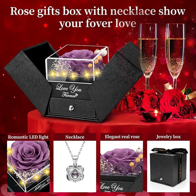Preserved Lavender Purple Real Rose with Heart I Love You Necklace -Eternal Flowers Rose Birthday Gifts for Women Her Mom Wife Girlfriend Grandma on Valentines Mothers Day Christmas Anniversary