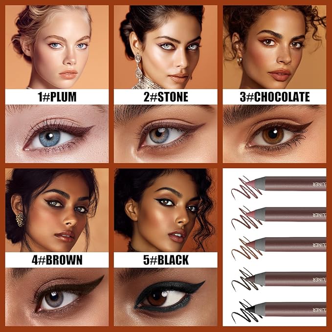 Pinkiou 5 Colors Eyebrow Pencil Set, Waterproof Smudge-Proof Brow Pencil, Long-Lasting Makeup Pencils for Eyebrows and Eyeliner (Plum, Stone, Chocolate, Brown, Black)