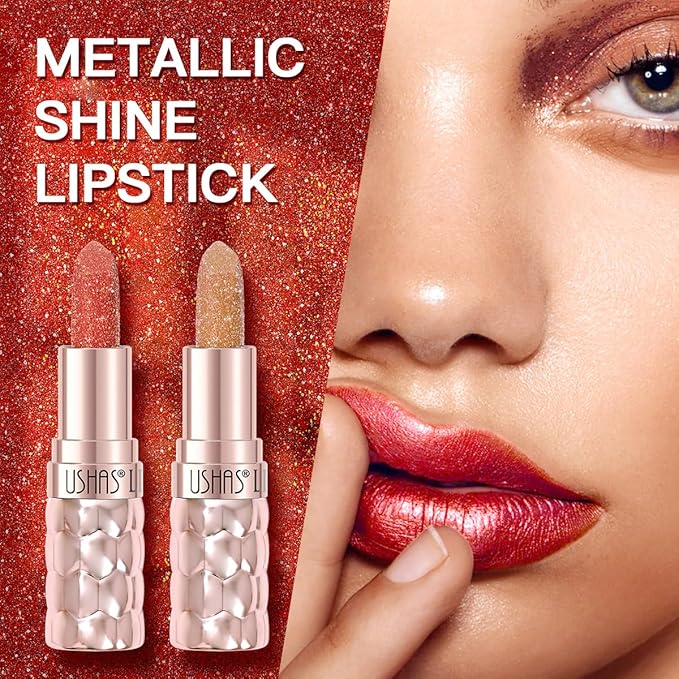 USHAS 6pc Diamond Shimmer Lipstick Set - Dark Red Pink Purple Mauve Glitter Sparkly Glossy Metallic Sparkle Waterproof Lipstick for Women (6 Count (07-12), Pack of 1)