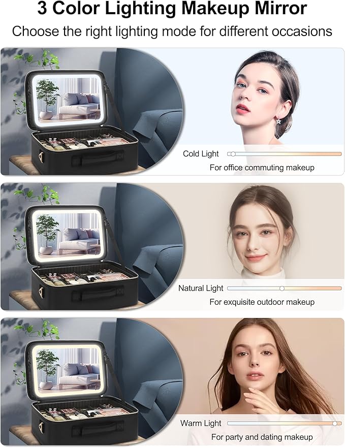 Chomeiu Makeup Bag with LED Mirror, Large Train Case for Makeup Artists, 16.2 inches Travel Professional Cosmetic Organizer with Light Up Mirror, 3 Color Lights, Brush Holder & Shoulder Strap (Black)