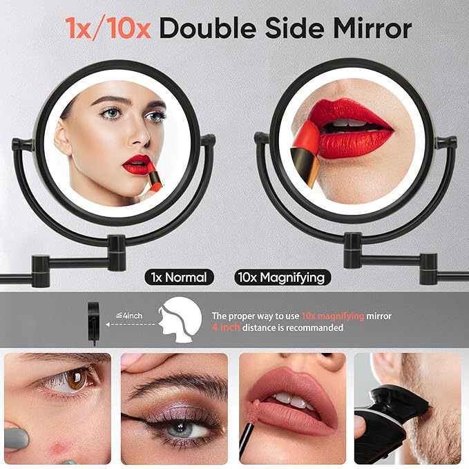 GURUN 8.5 Inch Magnifying Makeup Mirror with 3 Tones Dimmable LED Lights Double Sided Touch Control Vanity Mirror for Bathroom with 10X Magnification M1809DO-T (Oil-Rubbed Bronze/10X)
