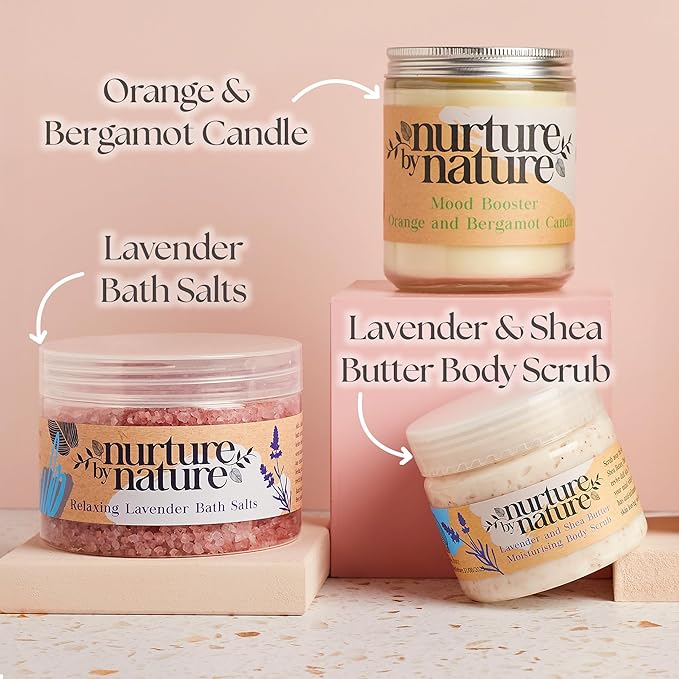 Nurture by Nature RELAX & CALM Spa Kit - Birthday Gifts for Women - Spa Gift Baskets For Women, 6-in-1 Self Care Kit, Bath Sets Gift - Lavender Pillow Mist, Bath Salts, Body Scrub, Bath Bomb