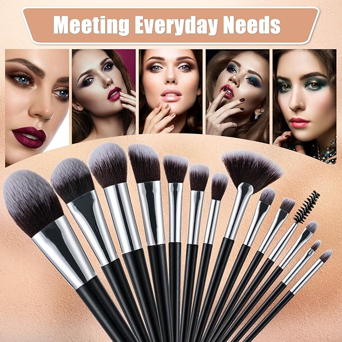 Makeup Brushes, 14 Pcs Professional Makeup Brush Set, Eye and Face Foundation Brush Set, Eyeshadow Brushes, Cosmetic Brushes, with PU Bag, Black