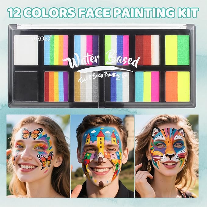 Face Painting Kit for Kids & Adults, Split Cake Face Paint Palette, Water Activated Face Paint with 4 Brushes, Safe & Quick-Dry, Perfect for Halloween Party Birthday Cosplay