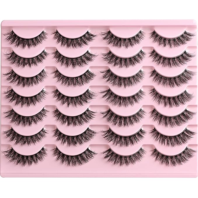 FARRED Natural Lashes Short Eyelashes Wispy False Mink Clear Band & Black Lash Strips Mixed 14 Pair Natural Look Fluffy Cat Eye Strip Eyelash Small Fake Lashes Full Pestañas Set for MUA and Beginners