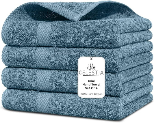 100% Cotton Hand Towel Set of 4, (16 x 28 inches) Sustainable, Soft, Highly Absorbent, Quick Drying, Combed Cotton Hand Towels Pack of 4 Ideal for Hotels, Spa, Bathroom, Dorm, Blue