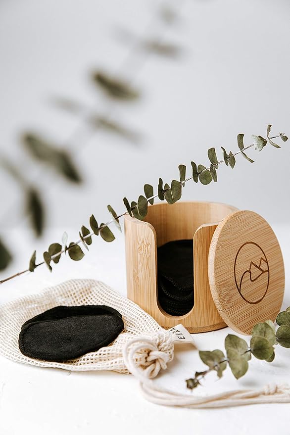EIRA's Washable Makeup Remover Pads - Black Bamboo Reusable Cotton Rounds with Wooden Holder. Makeup Remover Cloths - Eco-Friendly - Zero Waste Reusable Makeup Remover Pads Set