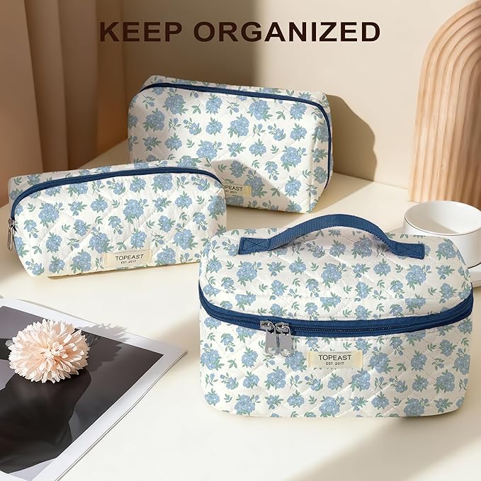 TOPEAST Makeup Bag for Women Girl, 3Pcs Large Cotton Travel Make up Bags, Cute Quilted Floral Cosmetic Pouch with Zipper, Potable Brushes Toiletry Bag Sets, Blue Floral