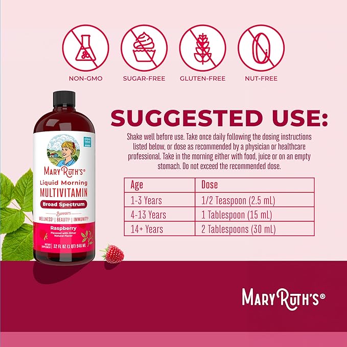 MaryRuth Organics Liquid Morning Multivitamin for Women, Men & Kids | Vitamin A C D E B6 B12 Biotin Zinc | Beauty | Vegan | Non-GMO | Gluten Free | 32 Servings