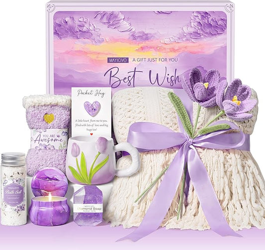 Birthday Gifts for Women Self Care Set Get Well Soon Gift Baskets, Relaxing Lavender Spa Gift Basket Care Package for Women, Unique Xmas Gifts for Mom Her Girlfriend Sister Friend Wife Grandma