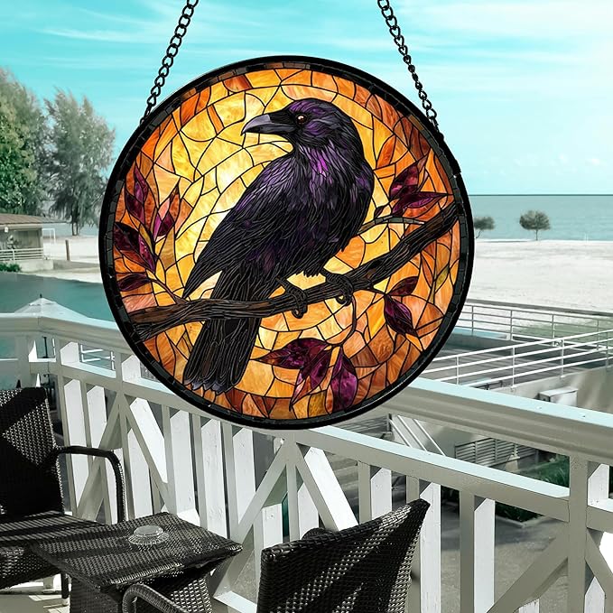 Stained Glass Window Hanging - Crow on a Branch Suncatcher Ready to Hang Window Doors Home Decoration and Christmas, Mother's Day Birthday Gifts for Women, Men, and Mom 14.9x14.9 in