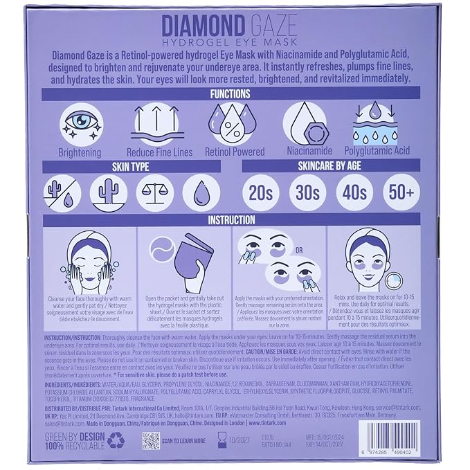 DIAMOND GAZE Under Eye Patches 28 Pairs, Rejuvenate Eye Area, Soothing Hydrate Brighten Skin, Plumps Fine Lines, Hydrogel Eye Mask with Retinol, Niacinamide and Polyglutamic Acid, Eye Gel Pads
