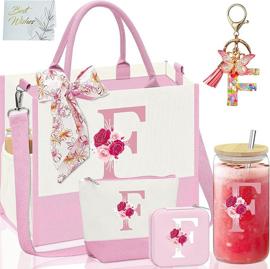 Gifts for Women,Initial Canvas Tote Bag,Personalized Gift for Woman,Monogrammed Gifts for Women,Initial Makeup Bag,Birthday Gift for Mom,present for Niece Sister-F