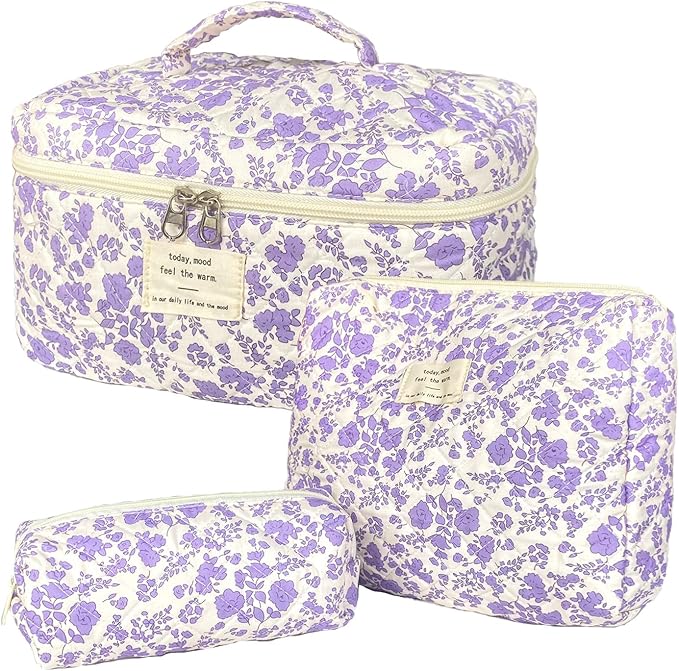 Purple Large Quilted Floral Makeup Bag Set of 3 Cute Coquette Aesthetic Cosmetic Bag Set Travel Toiletry Bag for Women