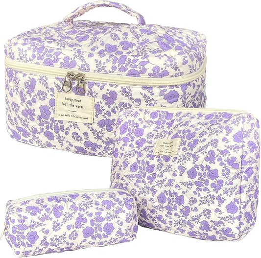 Purple Large Quilted Floral Makeup Bag Set of 3 Cute Coquette Aesthetic Cosmetic Bag Set Travel Toiletry Bag for Women