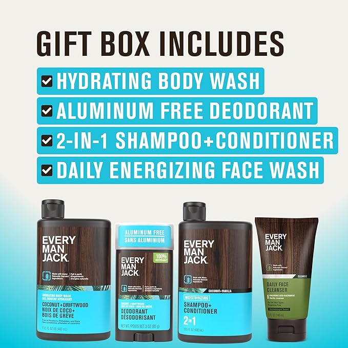Every Man Jack Men’s Coconut + Driftwood Bath and Body Gift Set - Round Out His Routine with Body Wash, 2-in-1 Shampoo, Deodorant & Face Wash