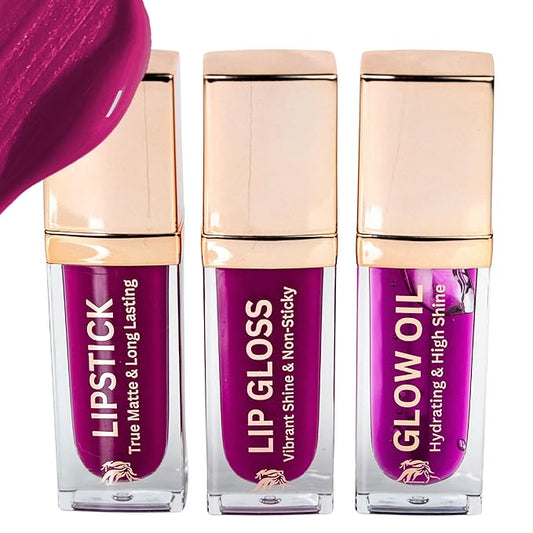 Lip Trio – Smudge-Proof Matte Lipstick + Hydrating Gloss & Lip Oil | Bold Berry Shade | Clean Beauty with Vit-E & Jojoba, Non-Toxic Lip Care Gift Set (Berry Bold)