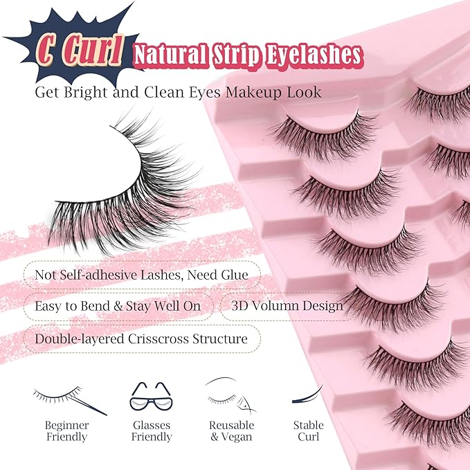 Natural Lashes Eyelashes Wispy 12mm False Lashes 3D Volume Lash Strips False Eyelashes with 0.1MM Thin Cotton Band C Curl Eyelash Pack Siligli 7 Pair