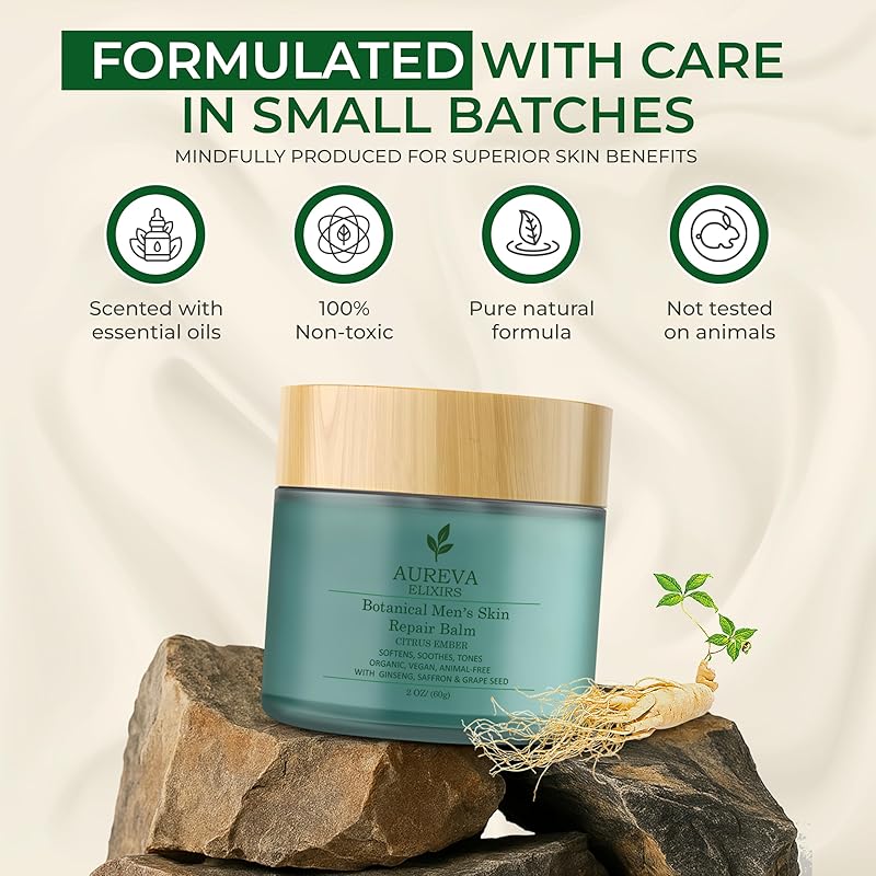 Men's Skin Repair Balm – Face & Body For All Skin Types – Soothes Acne, Sunburn, After Shave & Redness – With Sunscreen – Ember Citrus Scent, 2oz