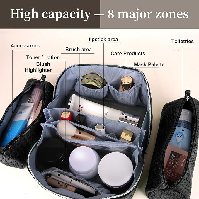 BOYATU Travel Makeup Bags for Women: 3-Set Large Capacity Make up Bags with Compartments - PU Leather Cosmetic Bag for Traveling (L15 Black)