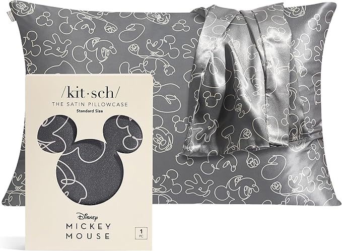 Kitsch & Disney Mickey Mouse Satin Pillowcase with Zipper Softer Than Silk, Cooling Pillow Case for Hair & Skin, Wrinkle-Free, Machine Washable, Queen/Standard 19x26
