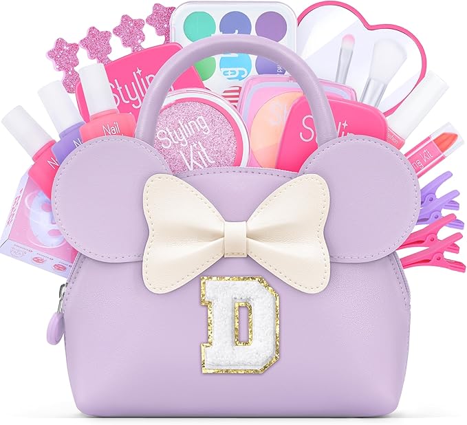 Kids Real Makeup Kit for Girls - 21Pcs Non-Toxic Make Up Toys with Initial Toddler Purse - Personalized Birthday Gifts for Age 5 6 7 8 9 10 Years Old Girls Vanity Set - Purple D