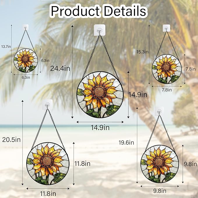 Stained Glass Window Hanging - Sunflower Flower Suncatcher Ready to Hang Window Doors Home Decoration and Christmas, Mother's Day Birthday Gifts for Women, Men, and Mom 14.9x14.9 in