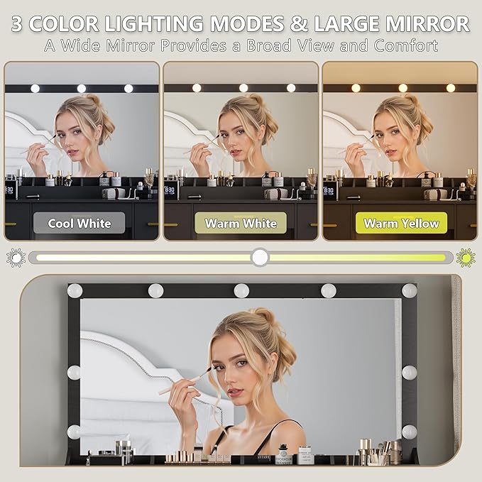 Makeup Vanity with Large Lighted Mirror and Chair, 7 Drawers Vanity Makeup Desk Table with Power Strip, Adjustable Lighting, and Cushioned Storage Stool for Women, Girls