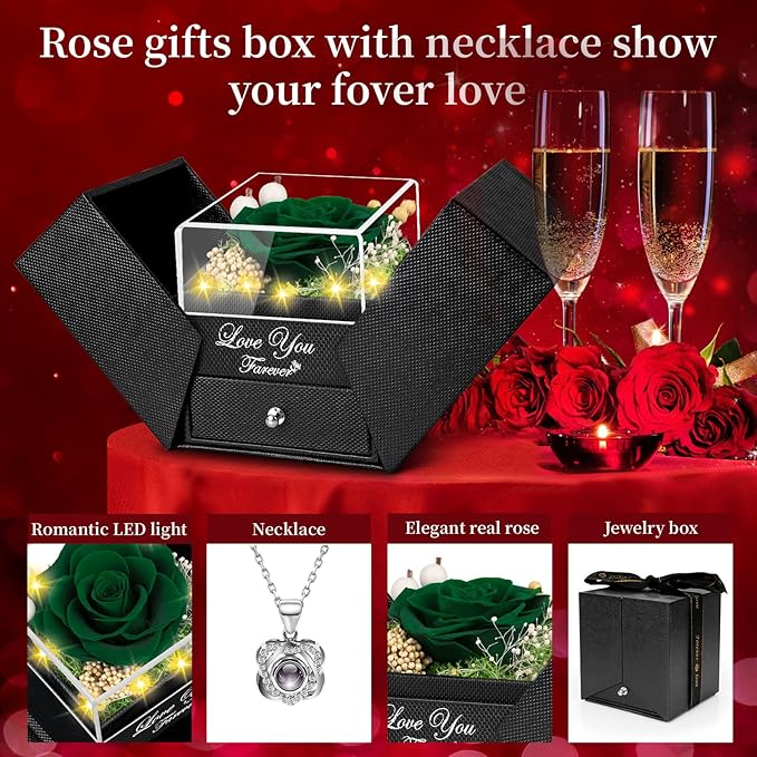 Preserved Blackish Green Real Rose with Heart I Love You Necklace -Eternal Flowers Rose Birthday Gifts for Women Her Mom Wife Girlfriend Grandma on Valentines Mothers Day Christmas Anniversary