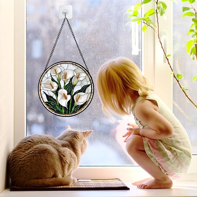Stained Glass Window Hanging, White Calla Lily Flowers Sun Catchers Glass Panel Plant Suncatcher Decor for Birthday for Women, Men, Wife, Aunt, and Mom 6.3 in