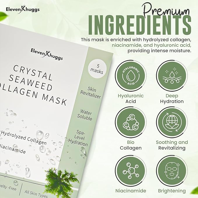 Crystal Seaweed Bio-Collagen Korean Glass Skin Care with Niacinamide Face Sheet Mask Pack of 5 for Deep Hydration and Revitalization
