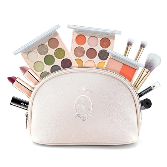 Color Nymph All In One Makeup Kit For Teens Girls | Starter Make up Set With Cosmetics Bag | Included Eyeshadow Blush Lipstick Lip Pencil Eye Pencil Brush Mascara | Travel Makeup Bag Design（ White ）
