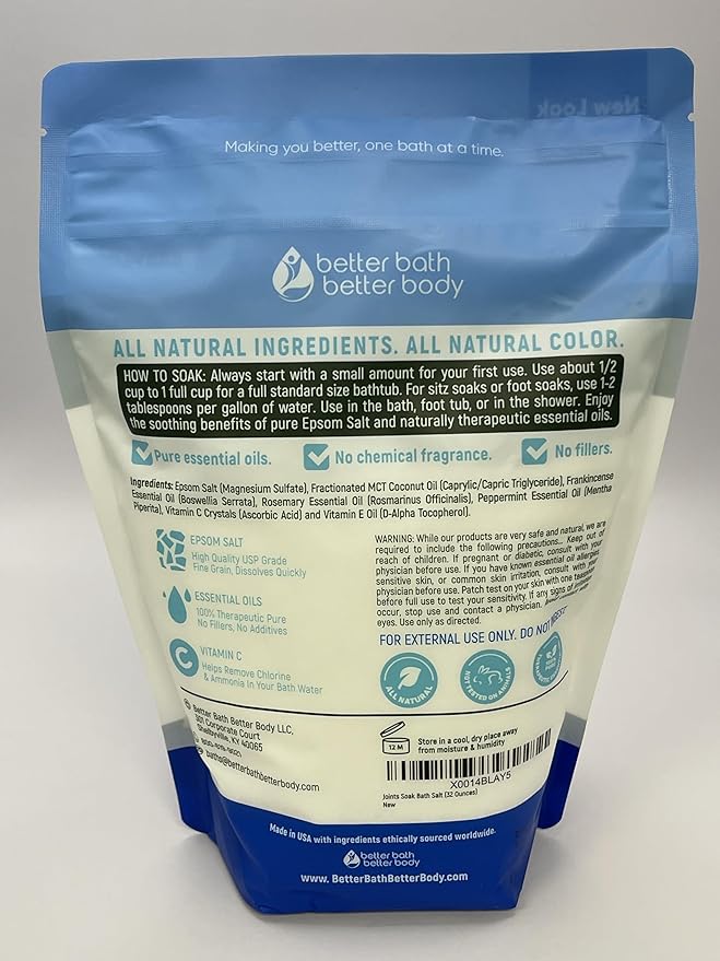 Joints Bath Soak (3 Pack with Scoop) Soothing Epsom Salt with Rosemary and Frankincense Essential Oils Plus Vitamin Crystals in BPA Free Pouch Three 2 lbs Pouches 6 Lbs Total