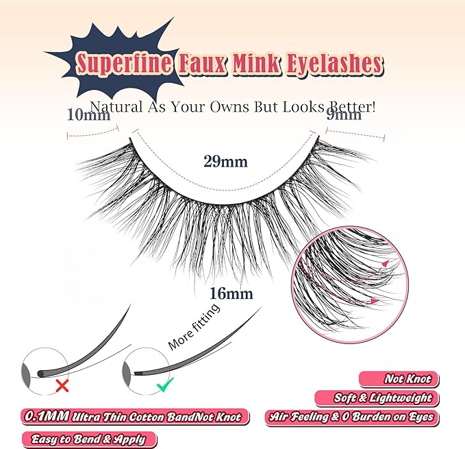 Wispy Lashes False Eyelashes 16mm Strip Lashes Fluffy Eyelashes C Curl Lash Strips Fake Eyelashes Natural with 0.1MM Thin Cotton Band Siligli 3D Volume Eyelash Pack 7 Pair