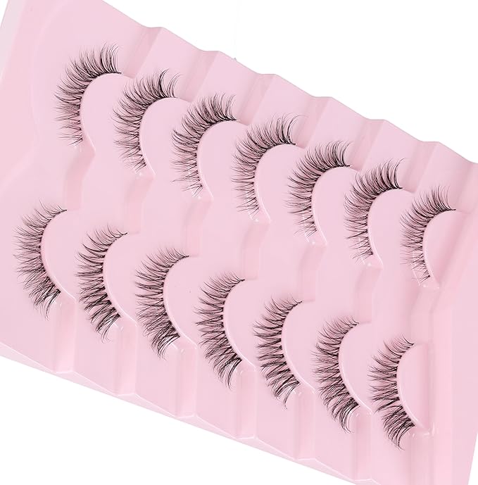 Eyelashes Cat Eye Lashes Natural Look 12mm False Lashes Wispy C Curl Eyelashes with 0.1Mm Thin Band 3D Volume Fake Eyelash Pack Natural Lash Strips 7 Pair Siligli