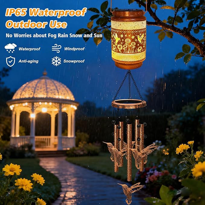 Hummingbird Solar Wind Chimes for Outside, Gifts for Christmas Mom Women Grandma Birthday Memorial Teacher, 32" Windchimes Outdoor Decor Hanging Solar Lantern for Garden Porch Patio Backyard